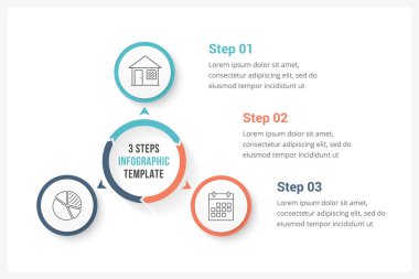 Üç elemente sahip çember bilgi şablonu, süreç diyagramı, adımlar, seçenekler, vektör eps10 illüstrasyonu olarak kullanılabilir