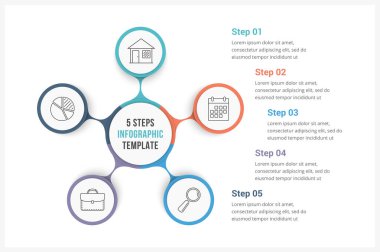 Beş elementten oluşan çember bilgi şablonu, süreç diyagramı, adımlar, seçenekler, vektör eps10 illüstrasyonu olarak kullanılabilir