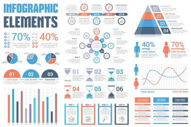 Infographic Elementleri - pasta grafikleri, zaman çizelgesi, yüzdeler, çubuk grafiği, çizgi grafiği, insanlar bilgi grafikleri, çember diyagramı, piramit, adımlar, seçenekler, vektör eps10 ilülasyonu