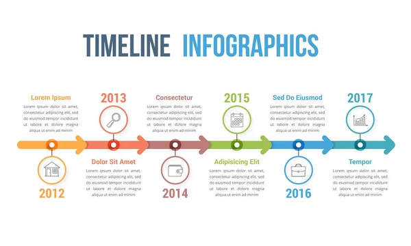 Modelo Infográficos Linha Tempo Horizontal Com Setas Fluxo Trabalho Diagrama — Vetor de Stock