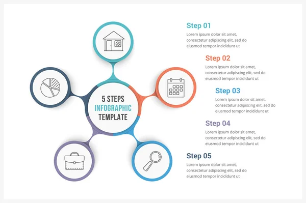 Круговая Инфографика Состоящая Пяти Элементов Использована Качестве Иллюстрации Процесса Шагов — стоковый вектор