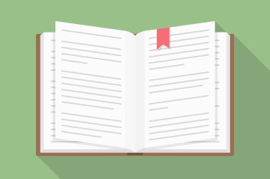 Açık kitap, uzun gölgeli düz tasarım, vektör eps10 illüstrasyon