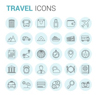 30 seyahat ince çizgi simgesi daire, vektör eps10 illüstrasyon