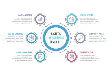 6 Adım - çember bilgi şablonu, iş akışı veya süreç diyagramı, vektör eps10 illüstrasyon