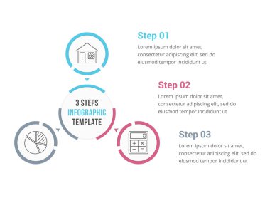 Çember bilgi şablonu üç element, adım veya seçenek, iş akışı veya süreç diyagramı, vektör eps10 illüstrasyonu