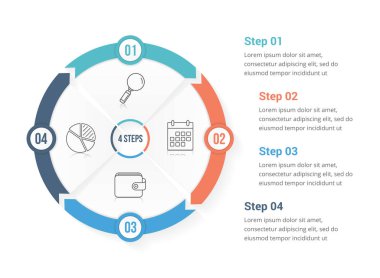 Çember okları - dört öge, adım veya seçeneğe sahip bilgi şablonu, iş akışı veya işlem diyagramı, vektör eps10 illüstrasyonu