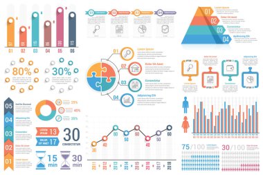 Bilgi ögeleri - çubuk ve çizgi grafikleri, süreç, adımlar, seçenekler, insanlar bilgi grafikleri, piramit, yüzdeler, vektör eps10 illüstrasyonu