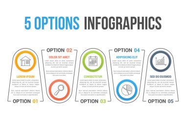 Satır simgeleri, süreç, iş akışı, vektör eps10 illüstrasyonlu beş seçeneğe sahip bilgi şablonu
