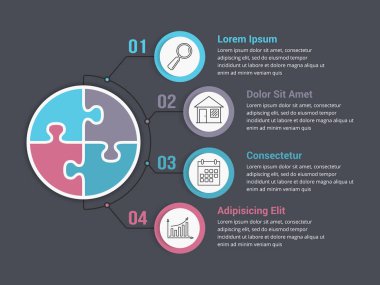 Dört elementi olan bulmaca çemberli bilgi şablonu, vektör eps10 illüstrasyon