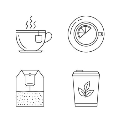 Beyaz arka planda çay çizgisi simgeleri - çay fincanları, çay poşeti ve limonlu çay, vektör eps10 illüstrasyon