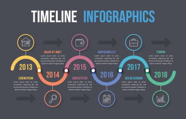 Renkli daireler, iş akışı veya işlem diyagramı, vektör eps10 illüstrasyonlu zaman çizelgesi şablonu