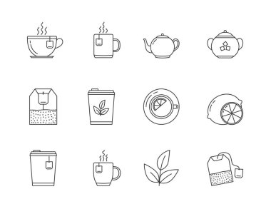 12 Tea line icons - tea bags, tea cups and mugs, leaves, lemon, sugar, teapot, vector eps10 illustration