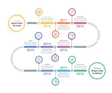 Oklu zaman çizelgesi bilgi şablonu, iş akışı veya süreç diyagramı, vektör eps10 illüstrasyon