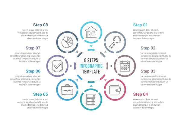 Modelo Infográficos Círculo Com Oito Elementos Diagrama Processo Etapas Opções — Vetor de Stock