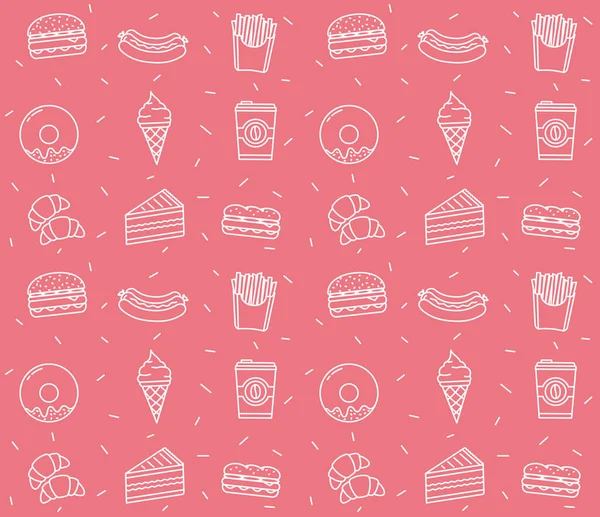 Patrón Sin Costuras Con Iconos Línea Comida Rápida Ilustración Vectores — Vector de stock