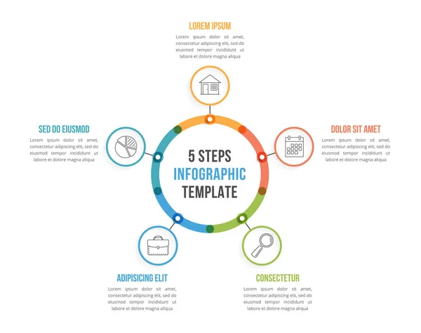 Plantilla Infografía Circular Con Cinco Elementos Pasos Opciones Diagrama Flujo — Archivo Imágenes Vectoriales