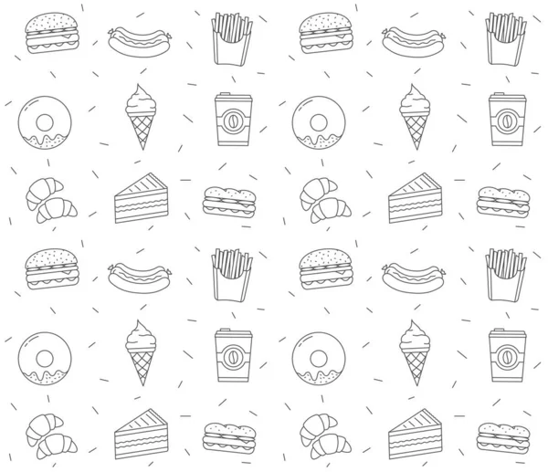 Patrón Sin Costuras Con Iconos Línea Comida Rápida Ilustración Vectores — Vector de stock