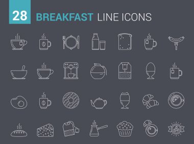28 Kahvaltı Hattı simgesi, sabah yemeği ve içecek ikonları, vektör eps10 illüstrasyon