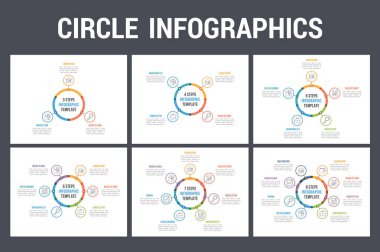 3, 4, 5, 6, 7 ve 8 elemente sahip çember bilgi şablonları, adım veya seçenekler, iş akışı veya süreç diyagramı, vektör eps10 ilülasyonu