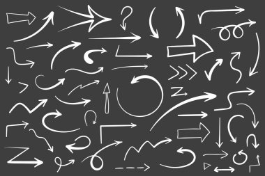 55 El siyah arkaplan üzerine beyaz oklar çizdi, karalama okları, vektör eps10 illüstrasyon