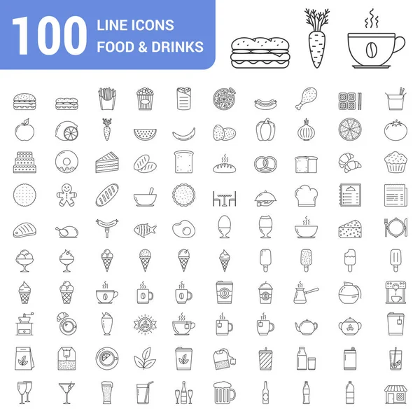 100 Symbole Der Lebensmittel Und Getränkelinie Fast Food Obst Und — Stockvektor