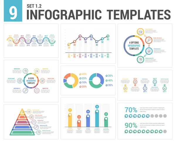 Infografik Vorlagen Set Farben Timelines Balken Und Liniendiagramme Pyramide Tortendiagramm — Stockvektor