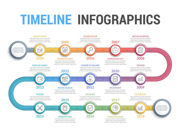 Colorful timeline infographics template with 15 steps, workflow, process, history diagram, vector eps10 illustration