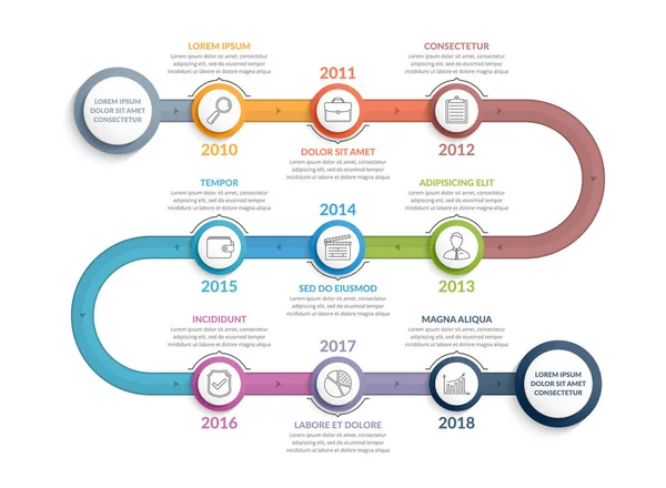 Modello Infografica Timeline Colorata Con Passaggi Flusso Lavoro Processo Diagramma — Vettoriale Stock