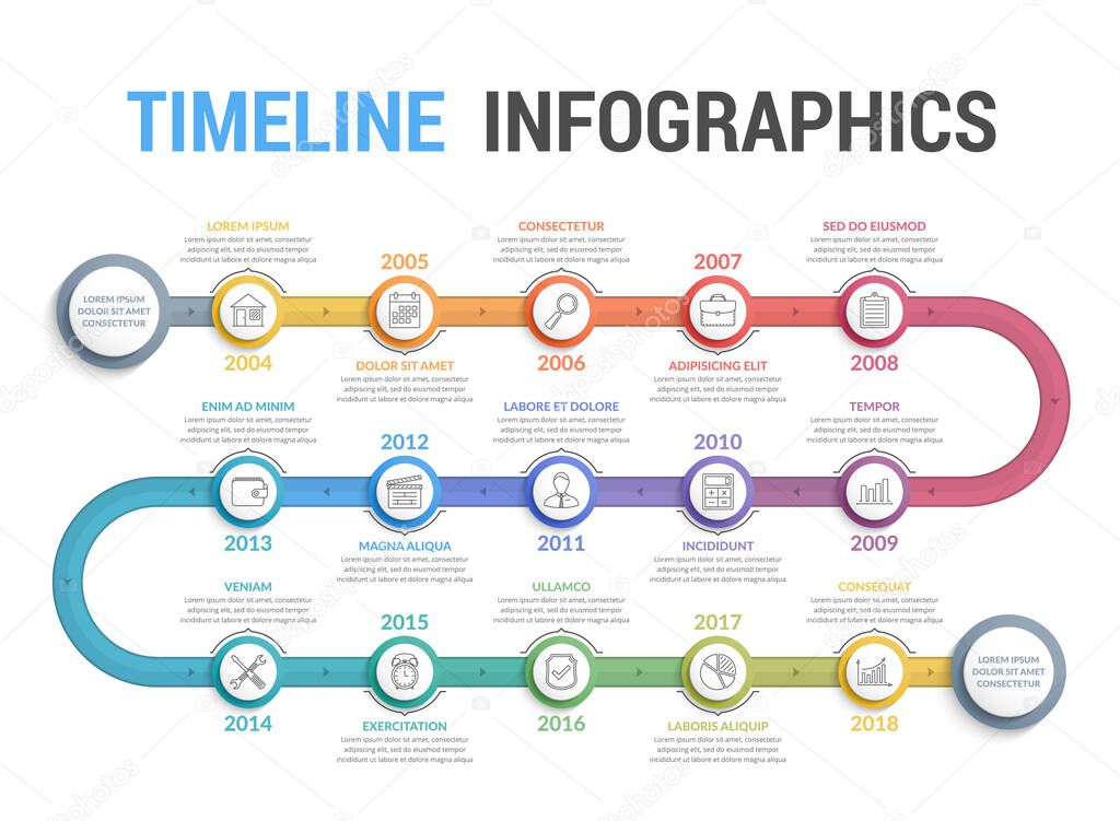 Colorful timeline infographics template with 15 steps, workflow, process, history diagram, vector eps10 illustration