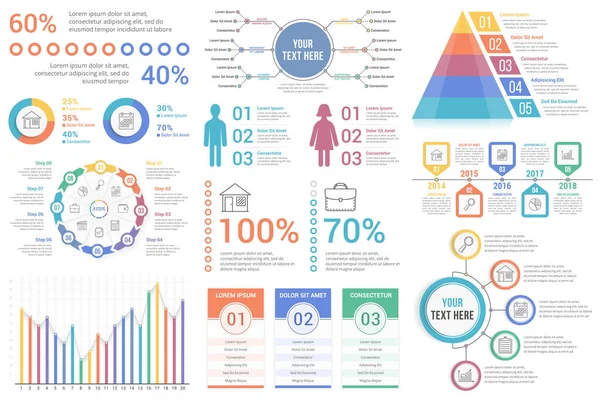 Elementi Infografici Percentuali Grafici Torta Diagramma Cerchio Grafico Barre Mappa — Vettoriale Stock