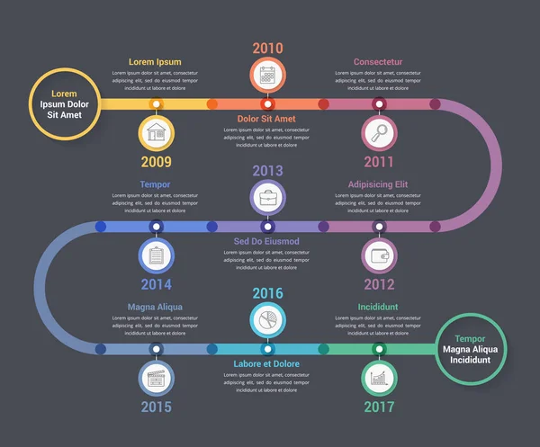 Modello Infografica Timeline Con Cerchi Colorati Flusso Lavoro Diagramma Processo — Vettoriale Stock