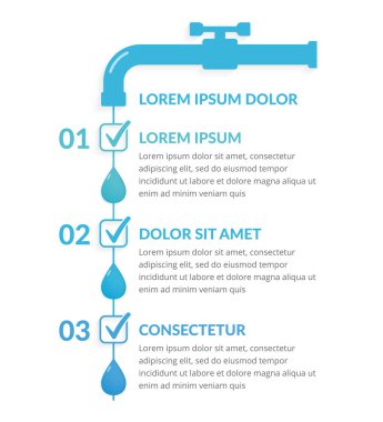 Su damlaları ve kontrol işaretleri olan üç adımlı bilgi şablonu, su bilgi grafikleri, vektör eps10 illüstrasyon