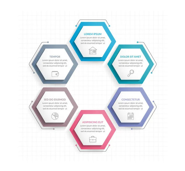 Modèle Infographie Avec Six Hexagones Avec Des Icônes Ligne Diagramme — Image vectorielle