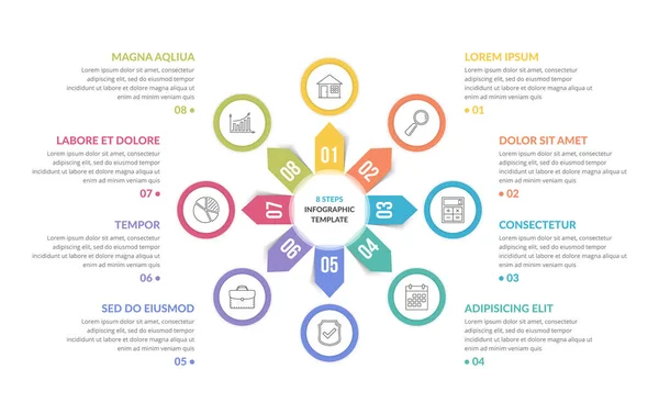 Plantilla Infografía Circular Con Ocho Pasos Opciones Gráfico Procesos Infografías — Vector de stock