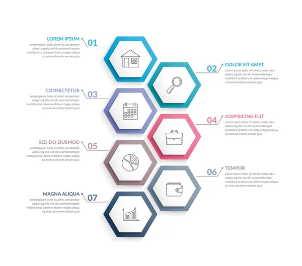 Графический Соблазн Шестиугольниками Линейками Схемой Процесса Креативной Бизнес Инфографикой Векторной — стоковый вектор