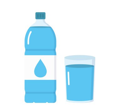 Beyaz zemin üzerinde bir şişe su ve cam, düz stil, vektör eps10 illüstrasyon