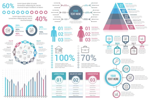 Elementos Infográficos Porcentajes Gráficos Circulares Diagrama Círculo Gráfico Barras Mapa — Vector de stock