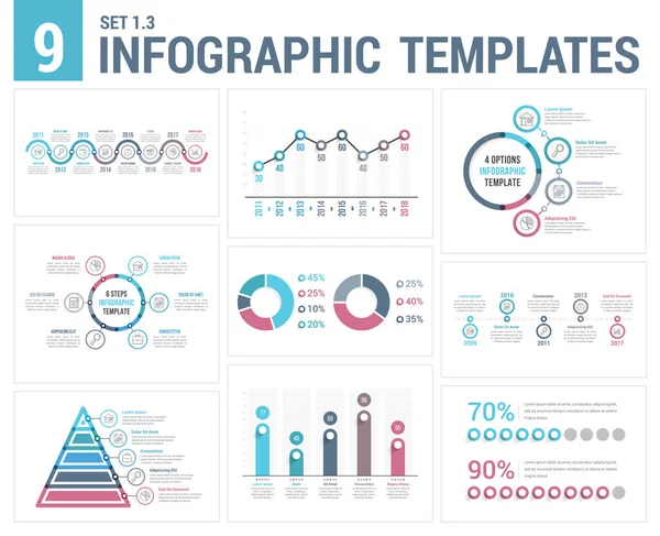 Plantillas Infografía Líneas Tiempo Gráficos Barras Líneas Pirámide Gráfico Circular — Archivo Imágenes Vectoriales