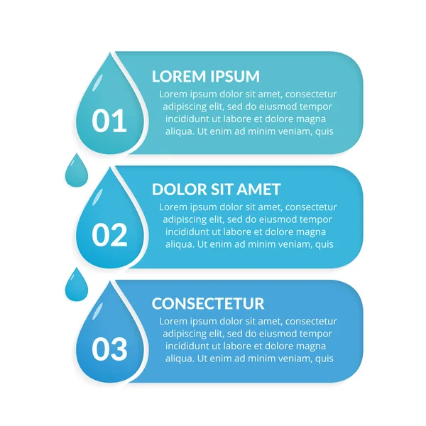 Modello Infografico Con Tre Passaggi Con Gocce Acqua Infografica Acqua — Vettoriale Stock