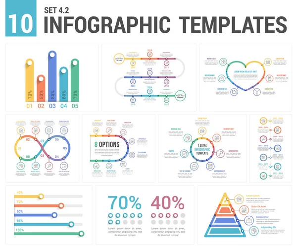 Plantillas Infografía Conjunto Colores Líneas Tiempo Gráficos Barras Pirámide Porcentajes — Vector de stock