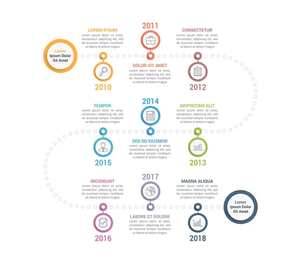 Colorful Timeline Infographics Template Steps Workflow Process History Diagram Vector — Stock Vector