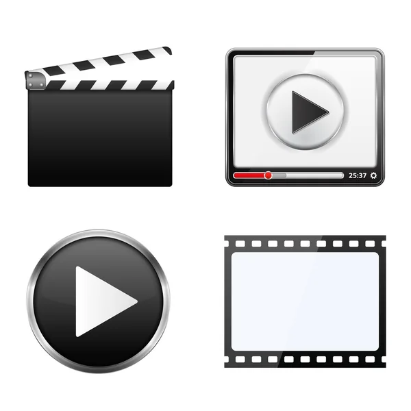 Clapper Board, Video Player, Play Button and Film Strip — Stock Vector