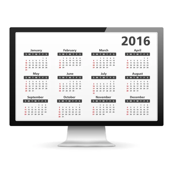 Komputer z kalendarz 2016 — Wektor stockowy