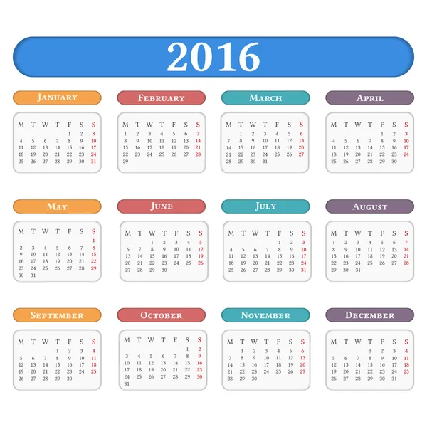 Kalender 2016 — Stockvektor