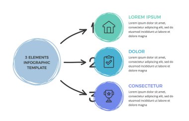 El çizimi şema şablonu 3 daire ve ok, karalama bilgi grafikleri, vektör eps10 illüstrasyon