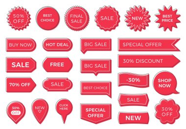 Kırmızı fiyat etiketleri, etiketler ve kurdeleler, satış afişleri, vektör eps10 illüstrasyon