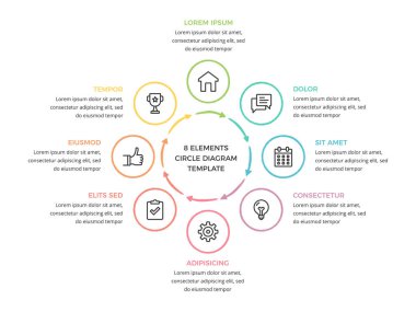 8 parçalı el çizimi çember şablonu, karalama bilgisi grafikleri, vektör eps10 illüstrasyonu