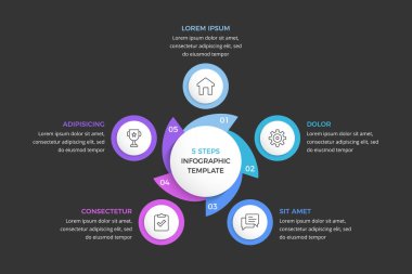5 elementi, koyu arkaplanı, vektör eps10 illüstrasyonlu çember bilgi şablonu