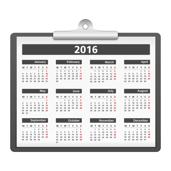 Calendario 2016 — Vettoriale Stock