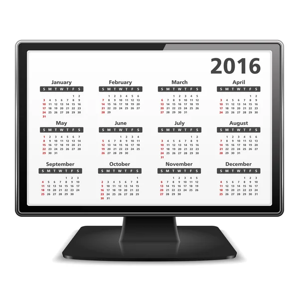 Computer with 2016 Calendar — Stock Vector